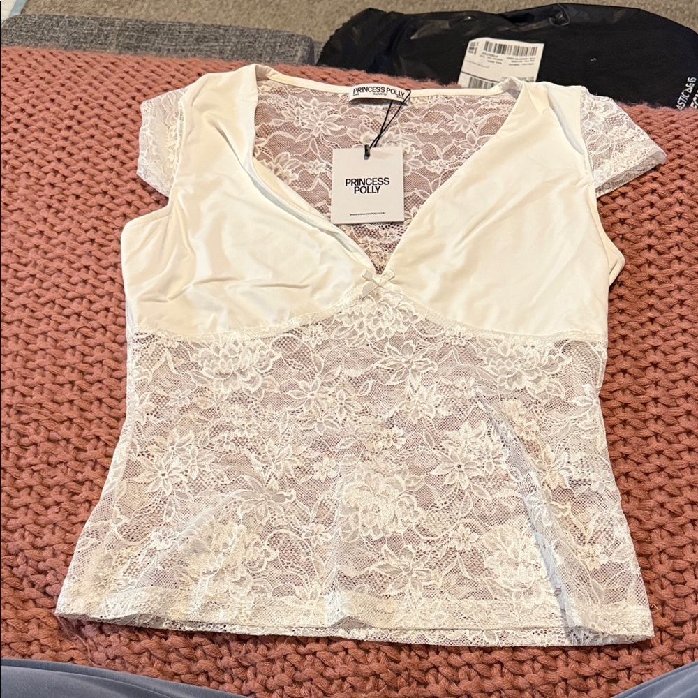 Princess Polly White Lace V-Neck Cap Sleeve Blouse